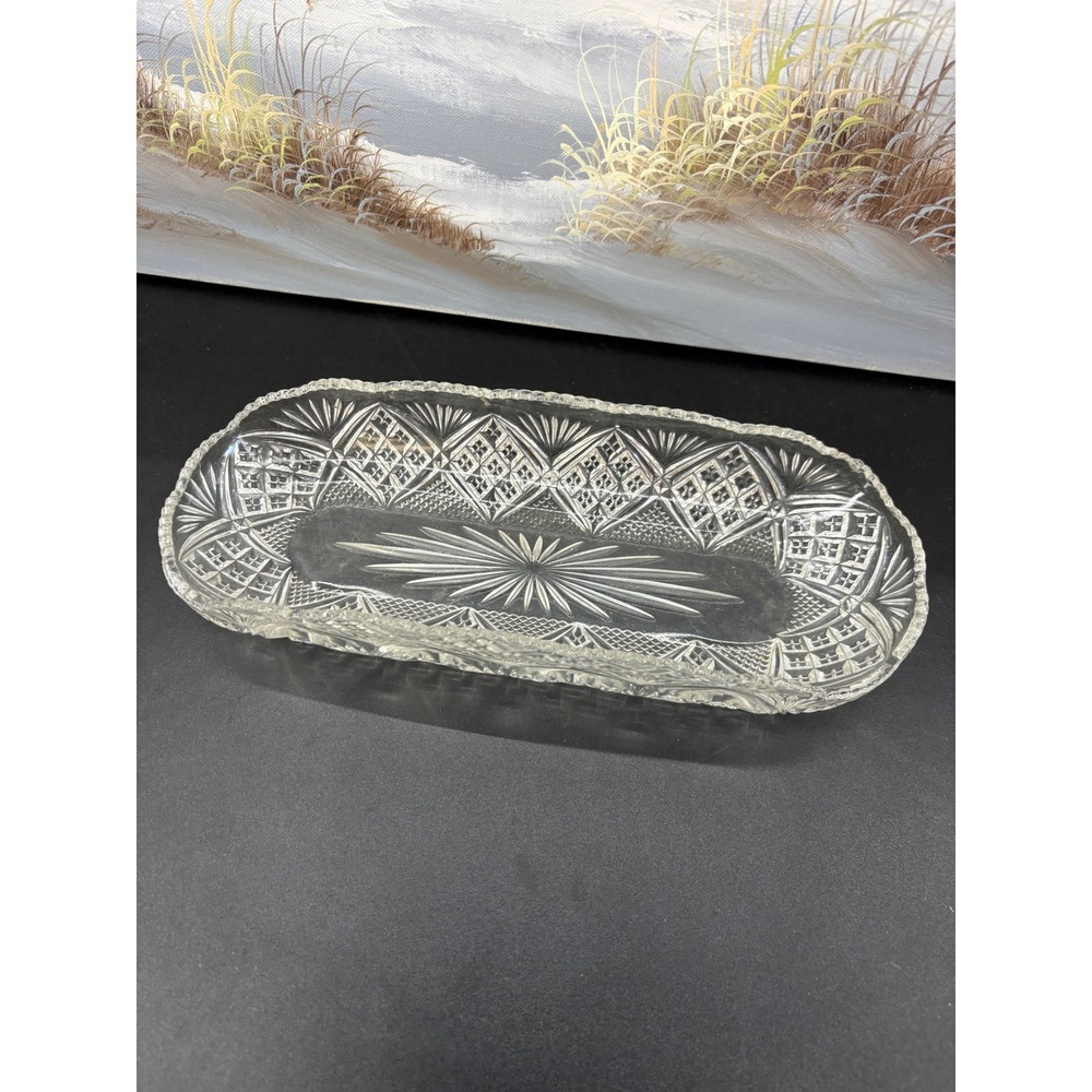 Vintage Pressed Glass Celery Dish Rectangular Starburst Diamond Serving Tray
